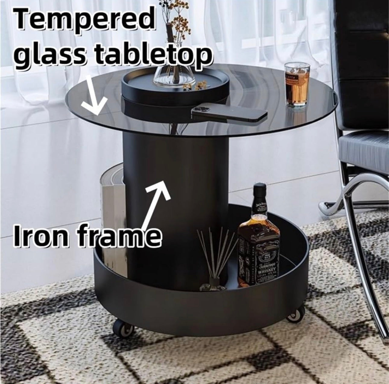 MFURN Double Layer Storage Coffee Table, End Table with Universal Wheel, Movable Round Coffee Table, Iron Side Table with Tempered Glass