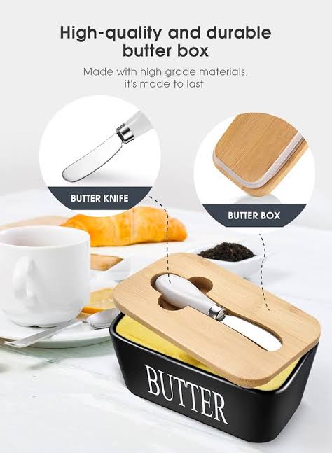 MHome Ceramic Butter Dish With Bamboo Wooden Lid & Butter Knife-Various Colours