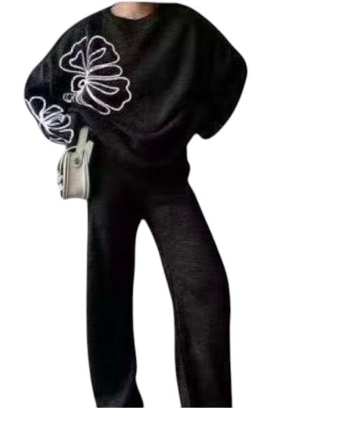 Ladies Floral Embroidery Knitted Loungewear 2pc - Various Colours