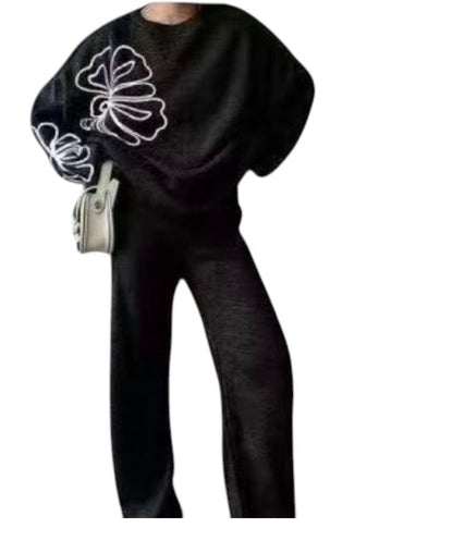 Ladies Floral Embroidery Knitted Loungewear 2pc - Various Colours