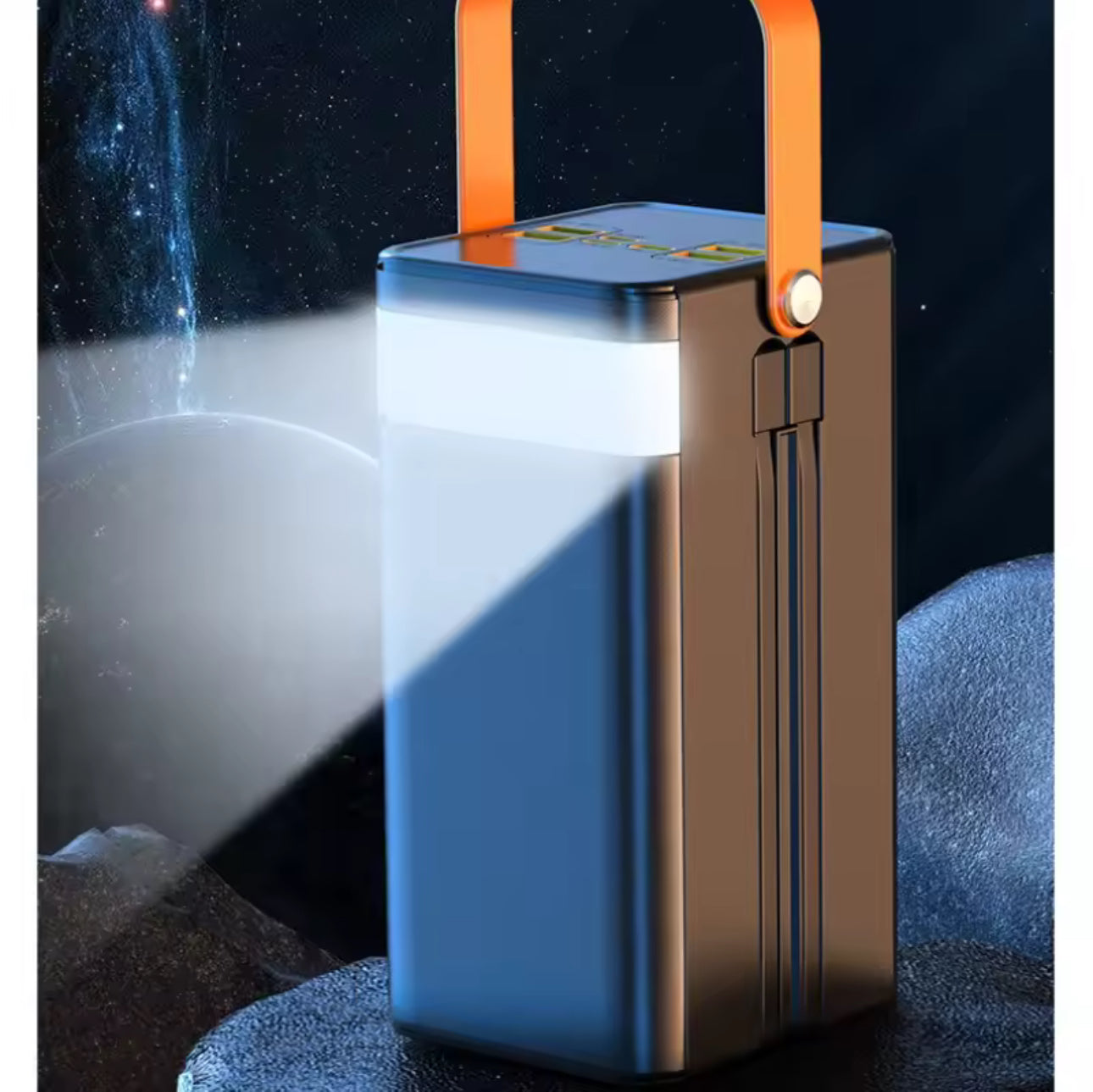 MTech 120W 60000mAh  Power Bank with Built-in Cables | LED Camping Light | 4 USB + Type-C + Lightning + Micro | Black & White