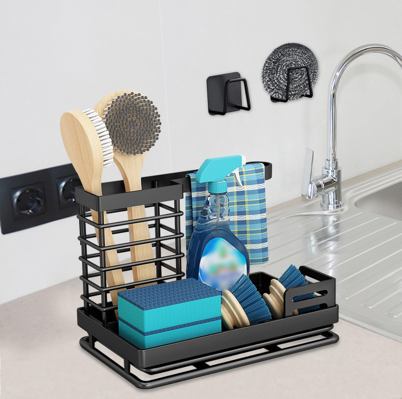 Kitchen Sink Organiser, Black, Sponge Holder, Kitchen Organiser, Sink Dish Cloth Holder Organiser, Sink Organiser, Sponge Holder for Kitchen Sink Storage & Organisation (Black)