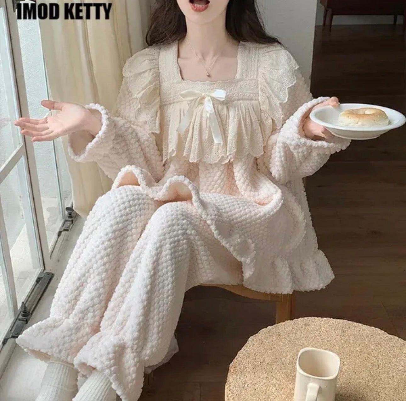 Ladies Coral Fleece Pyjamas  Autumn/Winter Thick Padded Warm Sweet Lace Suit Winter-Various Colours