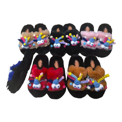 Women Winter Slippers Furry Flip Flops House Shoes Cute Cartoon Theme
