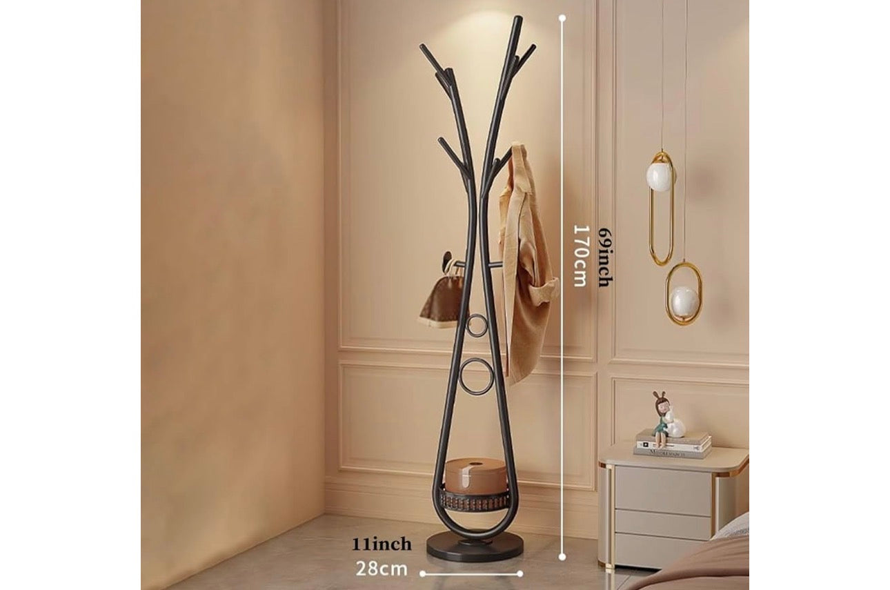 MHome Coat Rack Stand With Hooks, Coat Tree With Storage Basket, Coat Rack Freestanding Metal For Hallway, Office, Coat Hangers Stand Hall Tree With Shelves For Clothes, Scarves