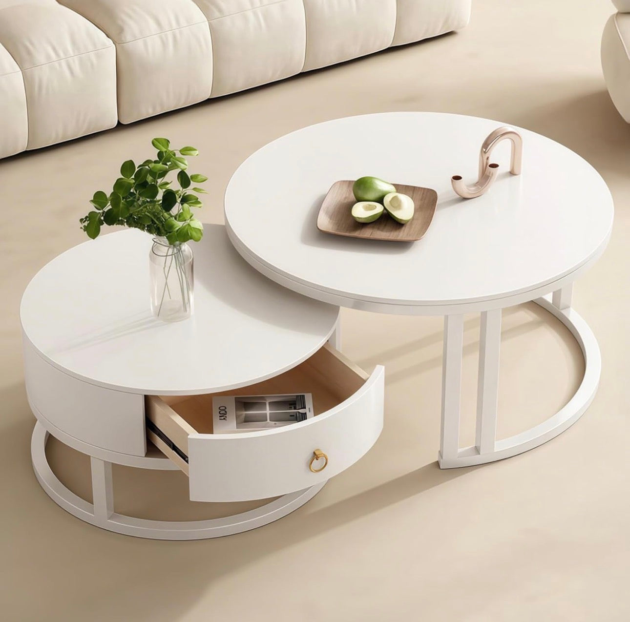 MFURN White Coffee Tables, Nesting Coffee Tables Set of 2, Nest of Table with Storage Drawer, Modern Centre Table with Rock Slab and Metal Frame Legs for Living Room, Office, Apartment