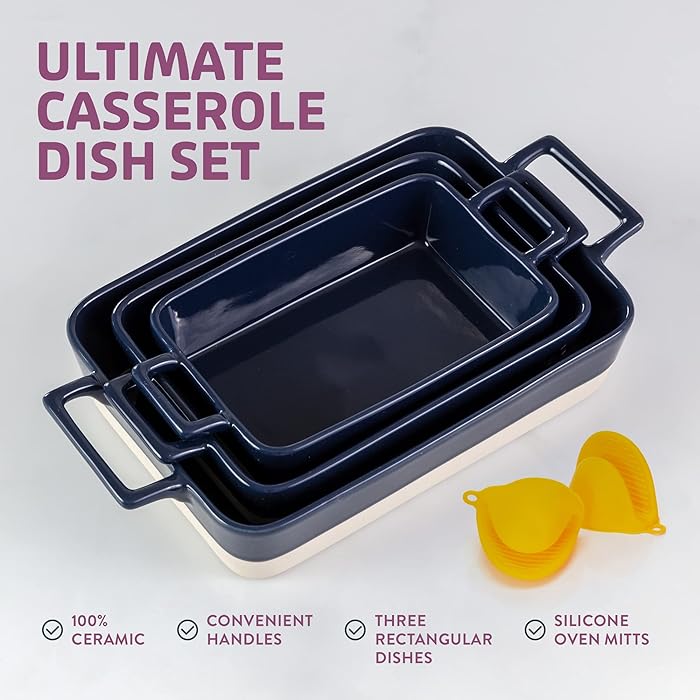 Kitchen 3-Piece Ceramic Casserole Dish Set - Dishwasher & Oven-Safe, Nonstick, Stackable Bakeware in 3 Versatile Sizes for Baking, Roasting & Serving