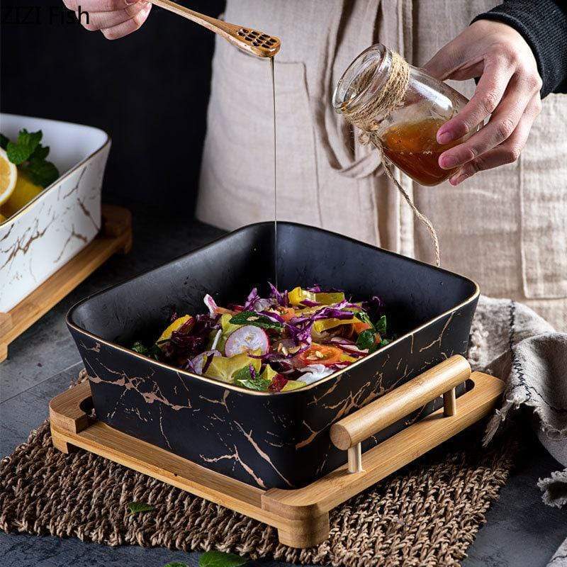 MHome Marble Ceramic Serving Bowl with Wooden Base