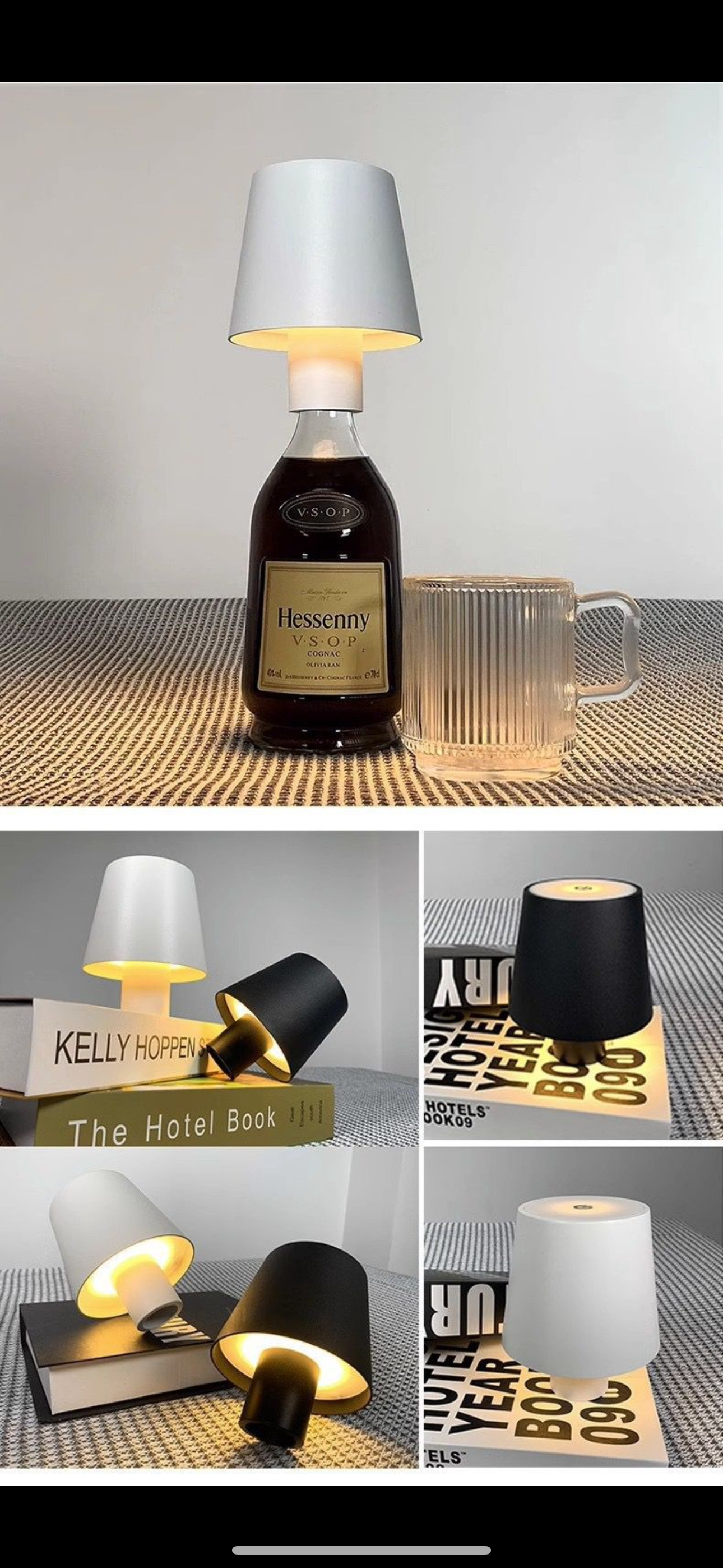 Portable and Rechargeable Black or White Bottle Topper Lamp