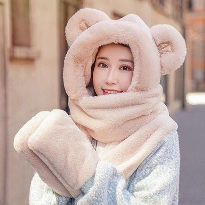 Ladies Plush Hat, Autumn And Winter Scarf, Hat And Gloves All-in-one Adult Ladies Style