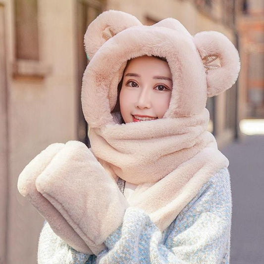 Ladies Plush Hat, Autumn And Winter Scarf, Hat And Gloves All-in-one Adult Ladies Style
