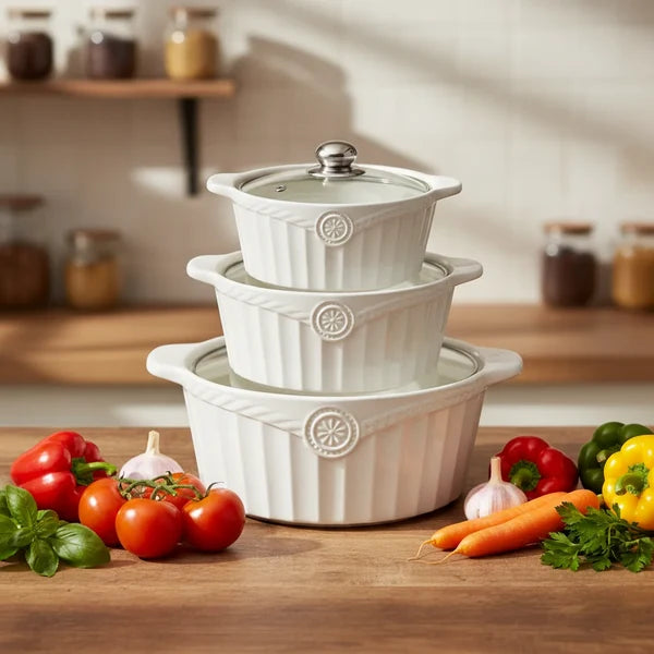 MHome 3 Piece Ceramic Casserole Pot Set With Tempered Glass Lids