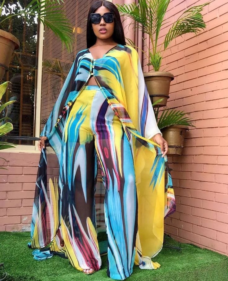 African Outfits Evening Women Print Open Kaftan Long Pants Set  2pc Set