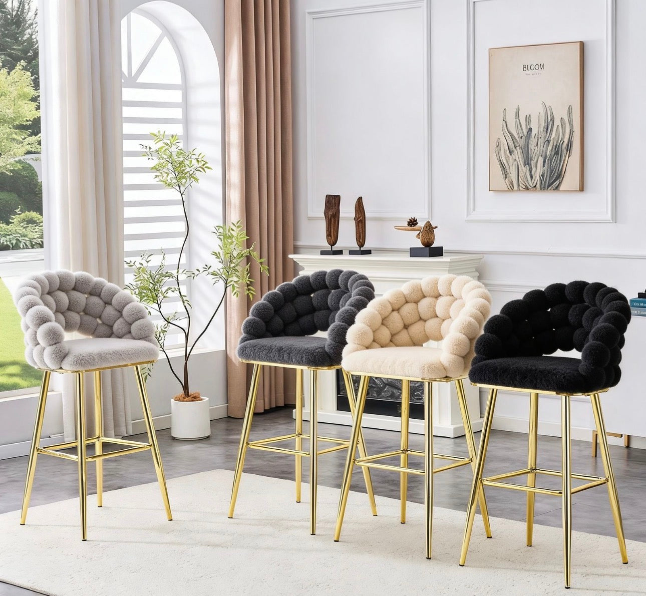 MFurn Set of 2 Puffy Bubble Chair Ball Chain Velvet Bar Stool Gold Legs Modern Tufted Accent Chair for Kitchen Island Home Bar-Various Colours