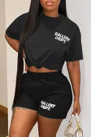 Ladies Black or White Casual Printed Short Sleeve Two Piece