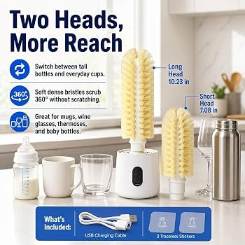 MHome Electric Brush Cleaner, 360° Rotating Cup Washer with Long Short Head Cleaning, for Home Kitchen Sink Restaurant Bar Travel Mug Glass Tumbler Drinkware