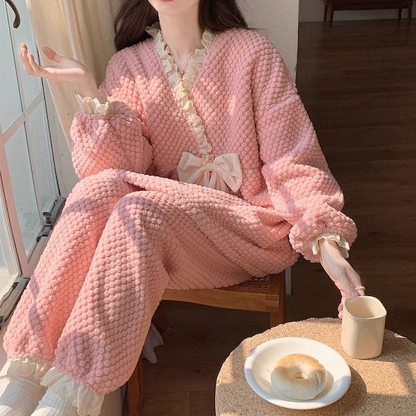 Ladies Coral Fleece Pyjamas  Autumn/Winter Thick Padded Warm Sweet Lace Suit Winter-Various Colours