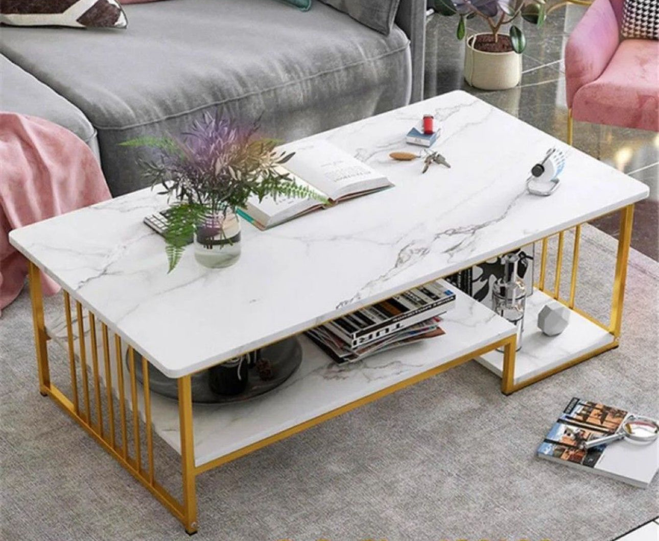 MFurn Modern Faux Marble Coffee Table – Dual-Layer Storage, Gold Frame