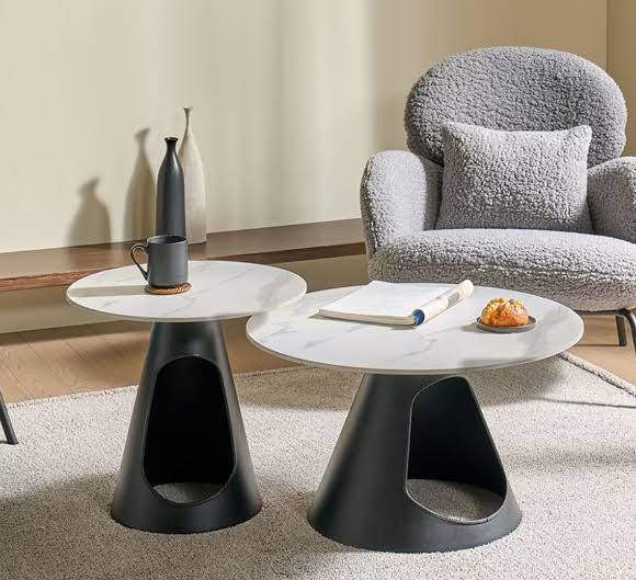 MFURN Modern Minimalist Round Stone Slab Iron Coffee Table 2-Tier For Living Room