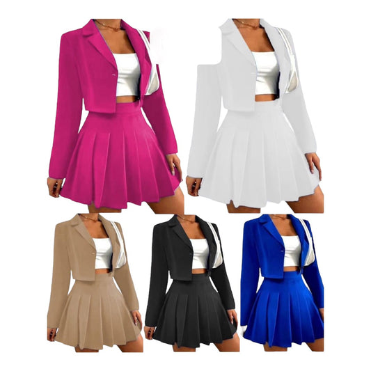 Ladies Shoulder Pads Single Button Blazer & Pleated Skirt Various Colours
