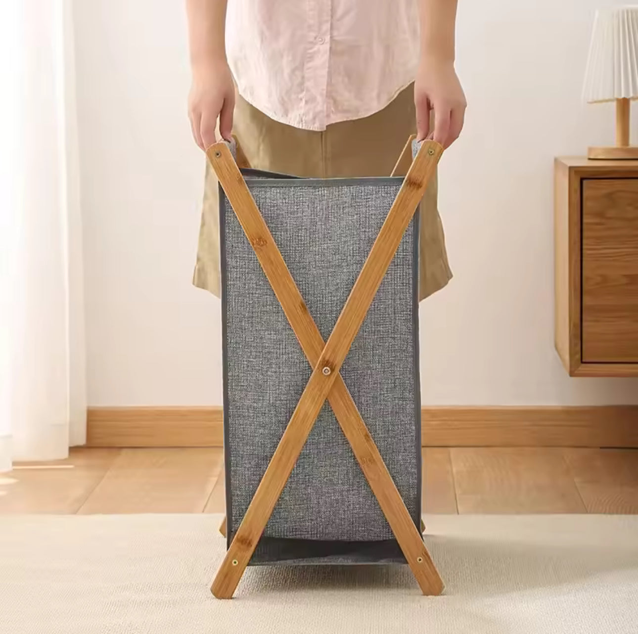 MHome Wooden Laundry Hamper Folding Laundry Basket X Frame Basket Washable Basket