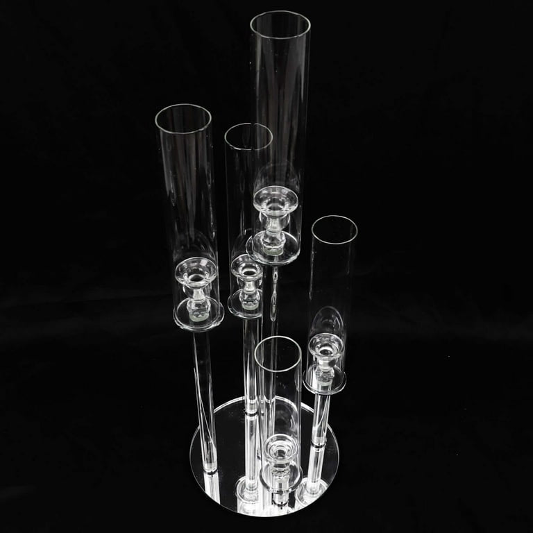 MHome  5-Arm Crystal Round Glass Taper Candle Candelabra, Pillar Candle Holder Wedding Centerpiece