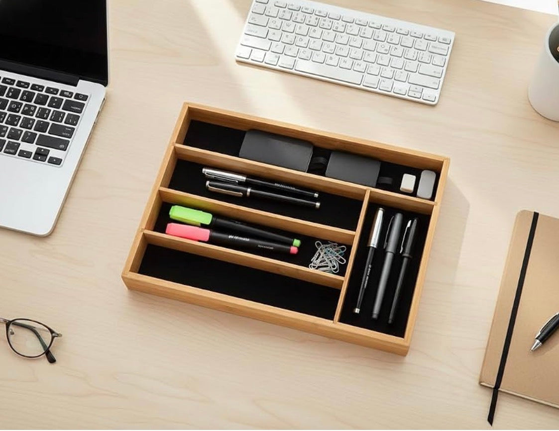 MHome Bamboo Cutlery-Multipurpose Tray - Kitchen Drawer Organiser with 5 Compartments - Durable, Durable, Eco-Friendly