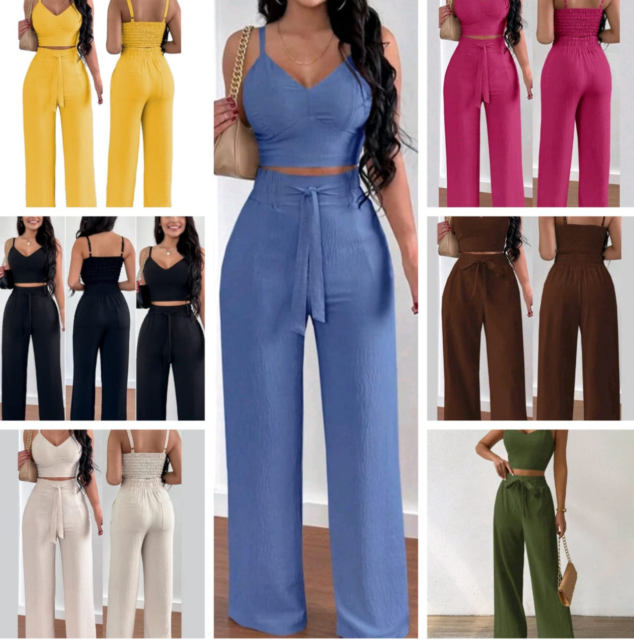Ladies Summer Dressy Casual Outfits Sleeveless Cami Top And Palazzo Pants Set Trendy Two Piece Outfit-Various Colours
