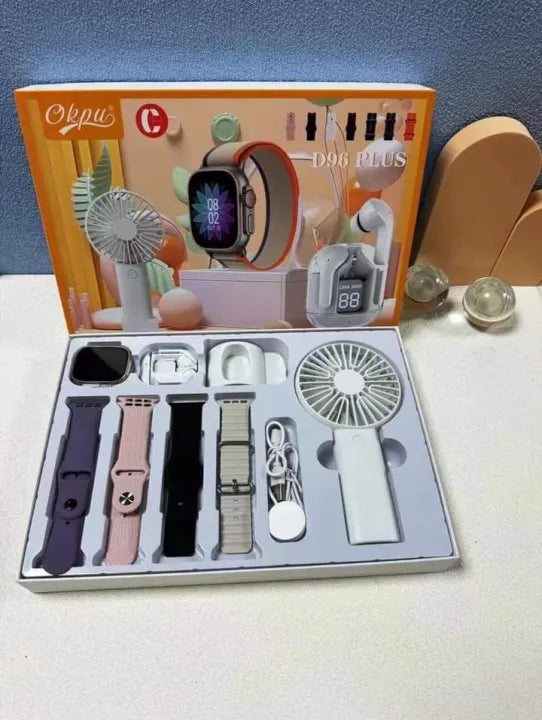 Smartwatch, Handy Fan and Earbuds Combo Set. Bluetooth Calling Smart Watch with 4 Straps, Best Quality Hand Fan and Earbuds Gift Set D96 Plus-Various Colours