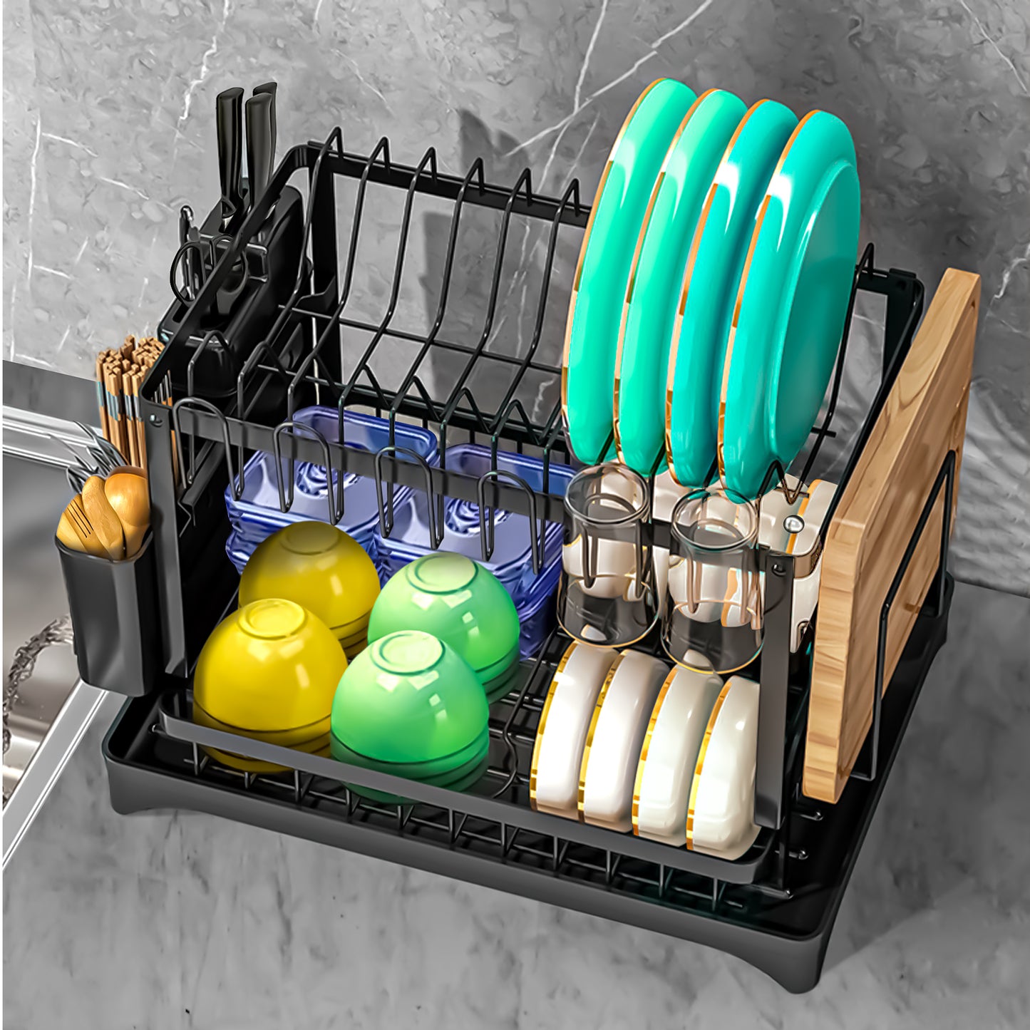 MHOME 2 Tier Dish Drainer Black Stainless Steel with Cup & Utensil Holders