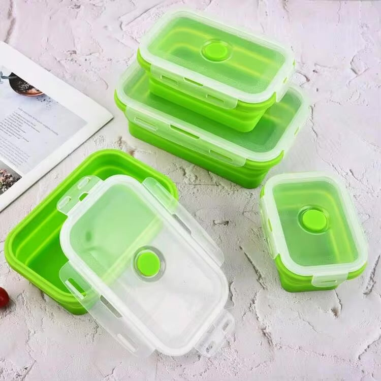 MHome 4pc Foldable Lunch Box, Silicone,With Sealed Lid And Ventilation Valve, Leak-Proof And Easy To Clean