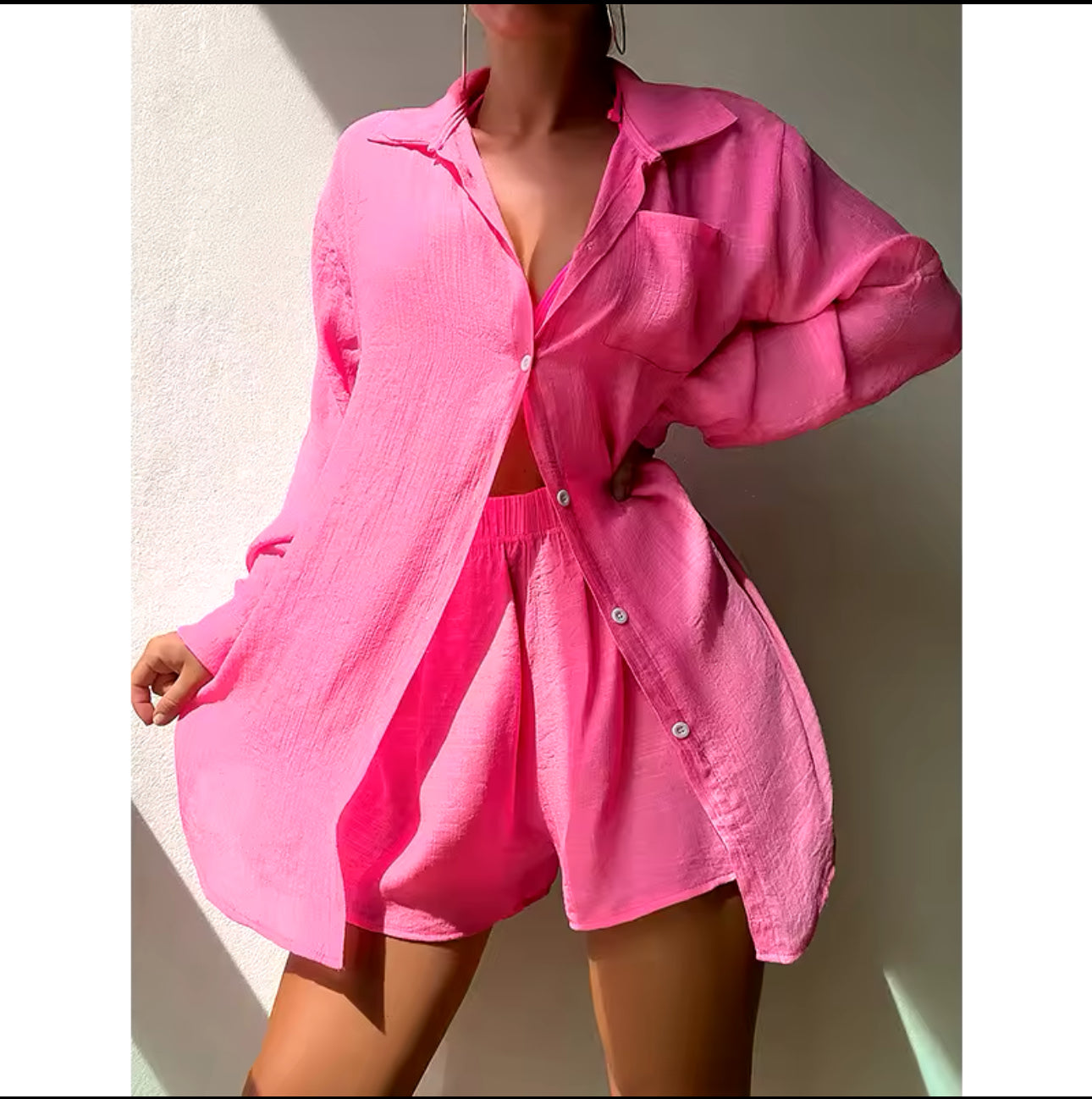 Casual Outfits for Women 3Piece Sets Office Work Beach Holiday Plain Color Shirt Suit Loose Sun Suit Casual Beach Swimsuit Cover up.