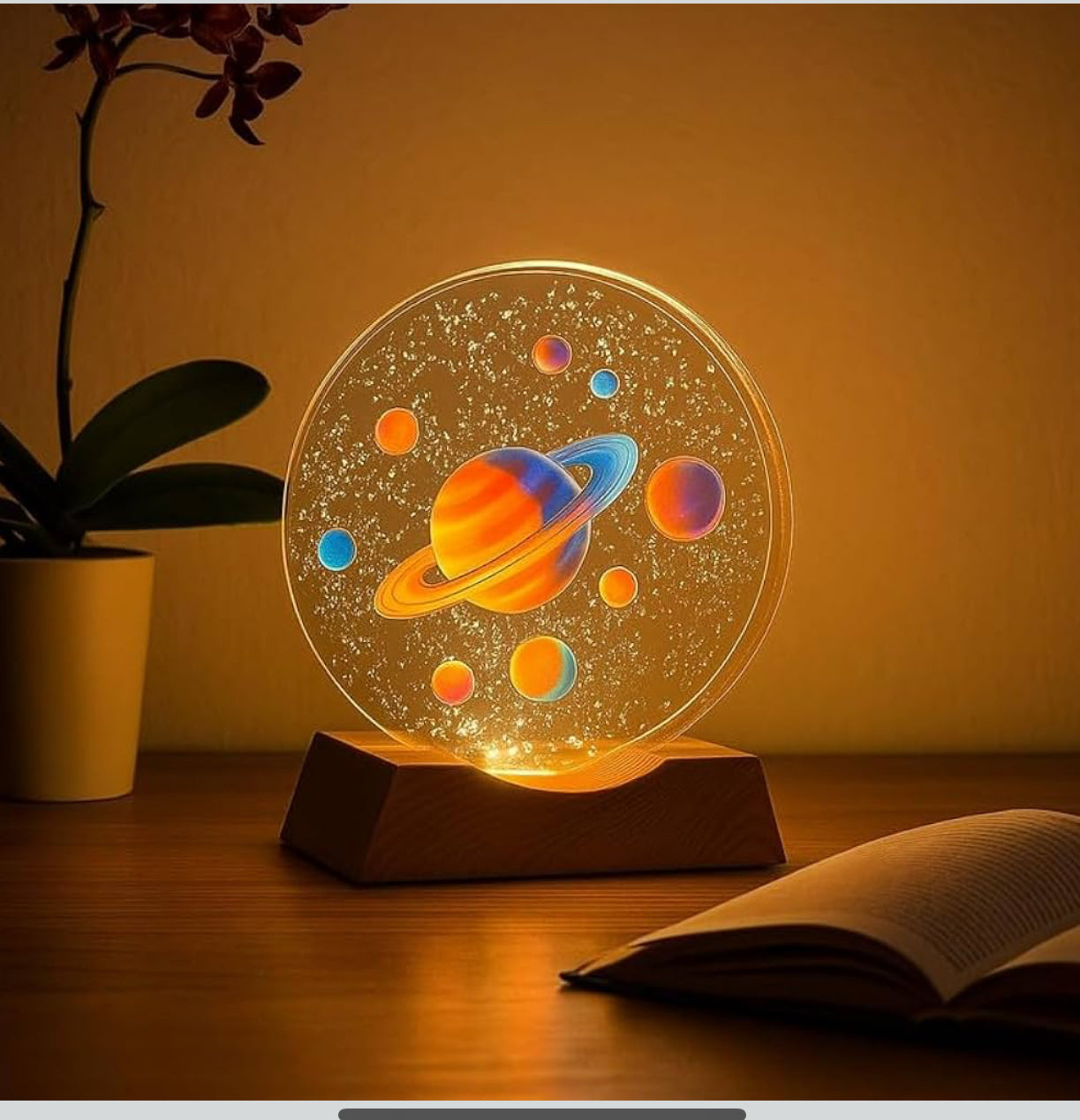 MTech 3D Acrylic Planets Crystal Ball Night Lamp With Wooden Base – USB LED Table Light
