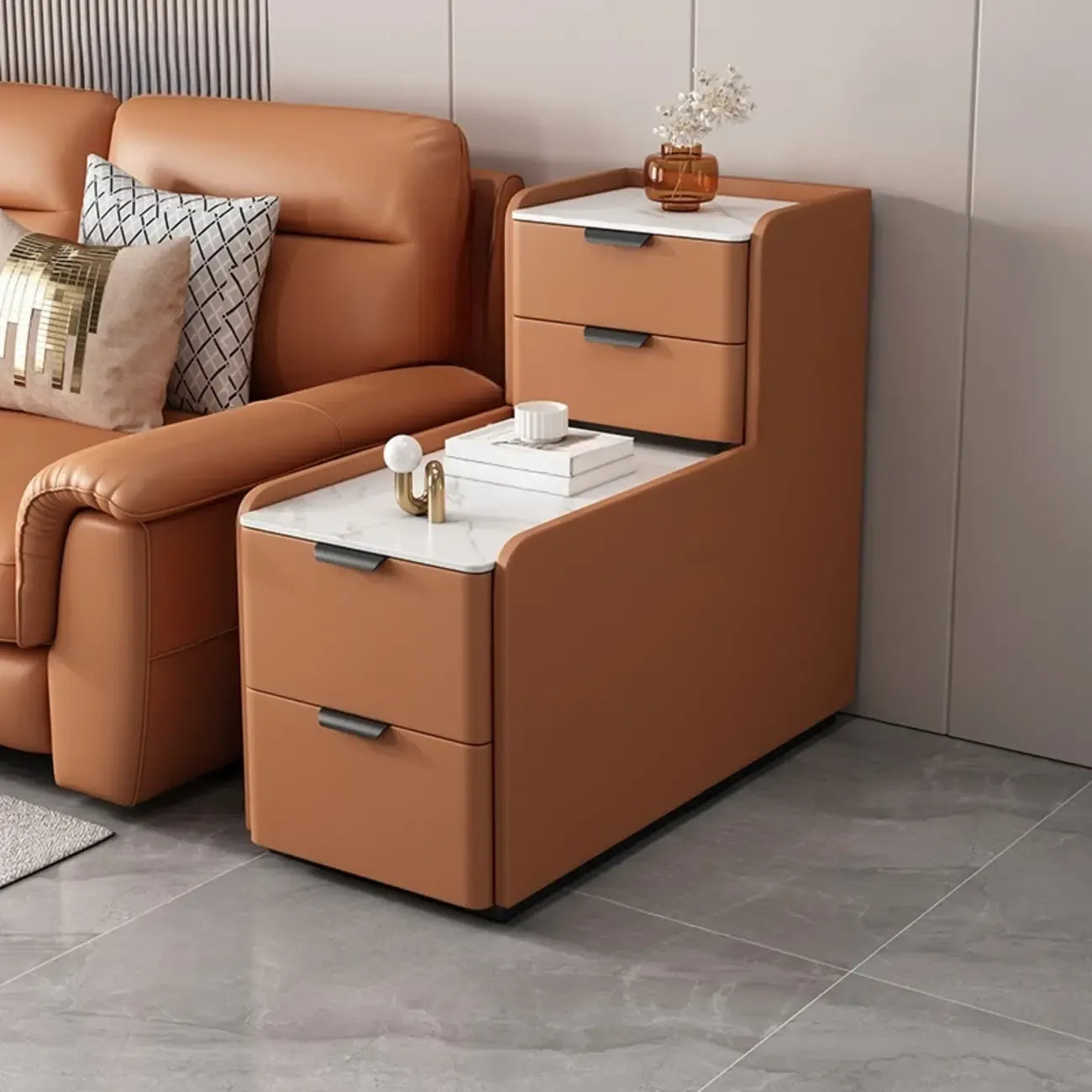 MFURN Modern Simple Style Rectangular White Sintered Stone Side Table with Block Base and 4 Drawers