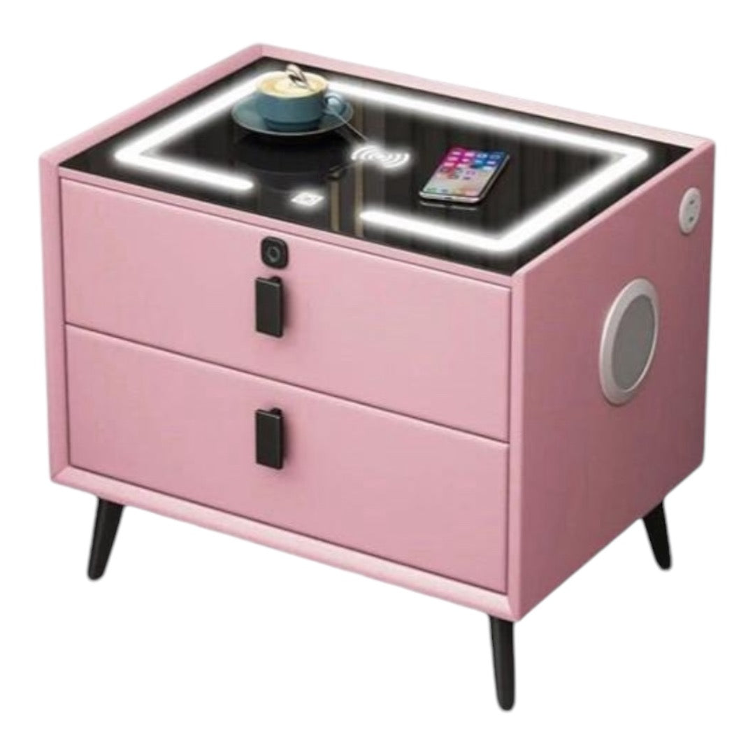 Smart LED Side Table with Wireless Charging, Bluetooth Speaker & Storage Drawers