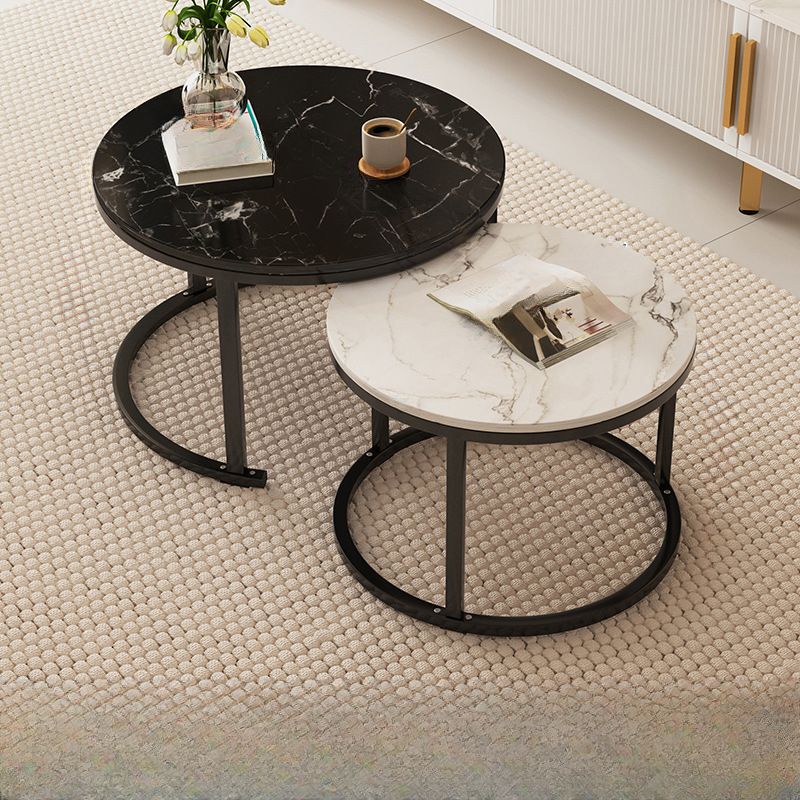 MFurn Nesting End Table Set of 2 – Round Marble Look Coffee Tables with Gold Frame