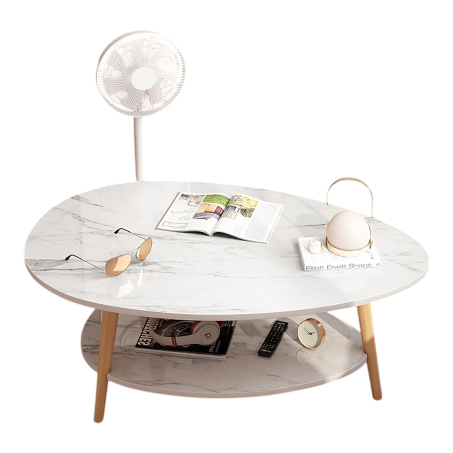 MFurn White Marble Coffee Table – Nordic Double-Layer Wooden Living Room Table