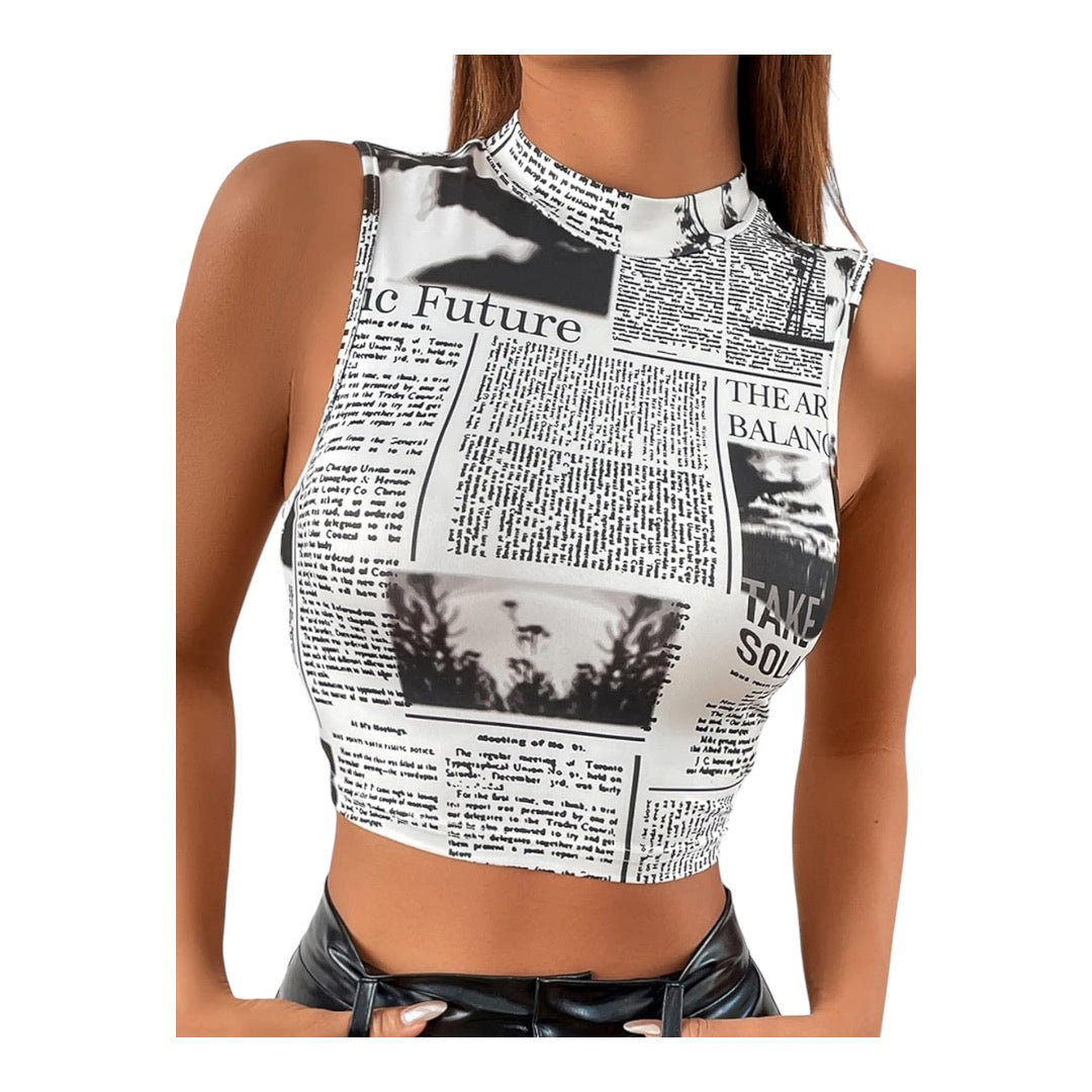 Ladies Newspaper Print Mock Neck Crop Tank Top Various Options