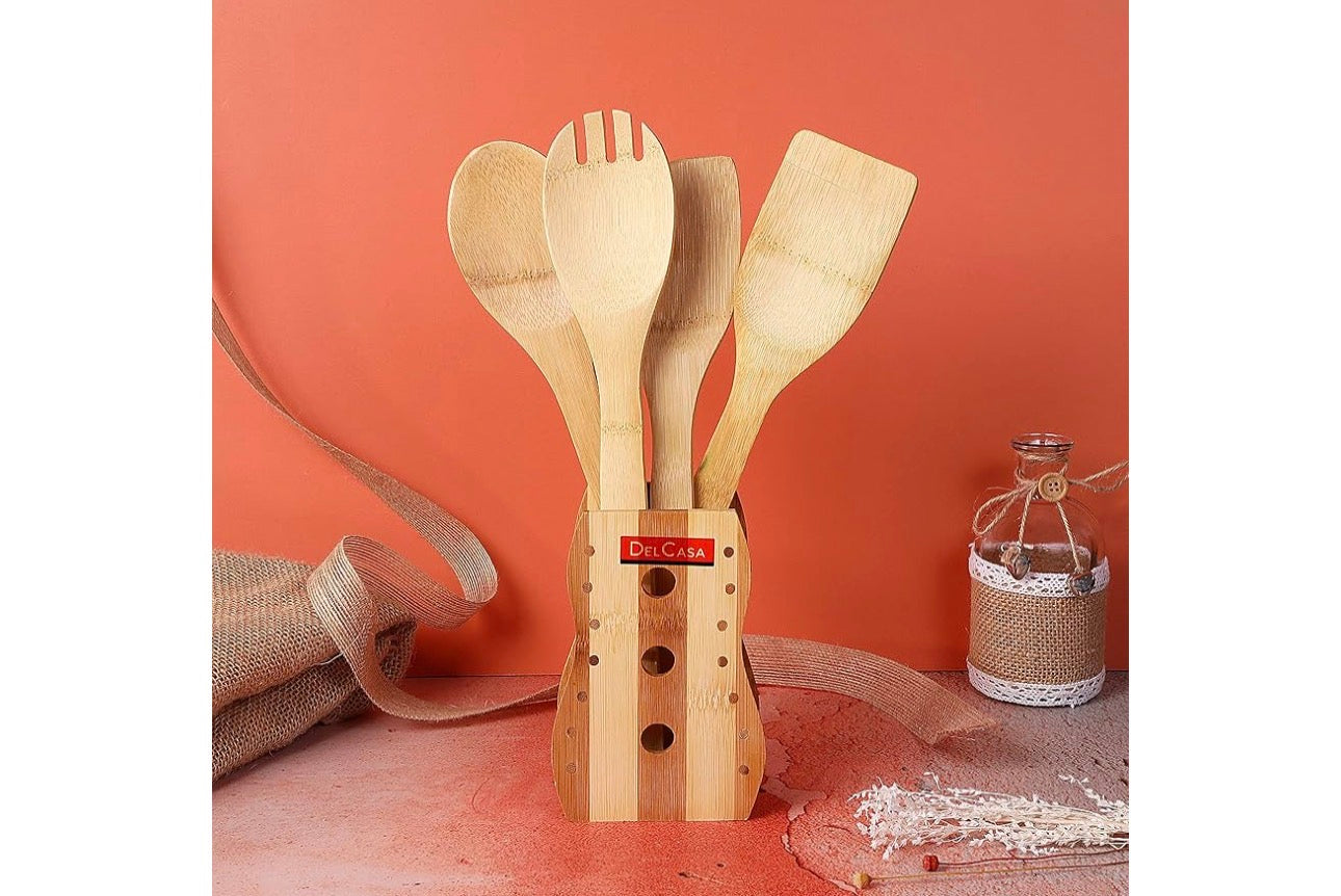 MHome 4 Pieces Pure Bamboo Wooden Solid Turner, Spatula, Slotted Spoon & Spoon Kitchen Essentials Cooking Utensils Tool Set