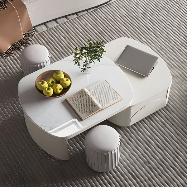 MFurn 
Extendable Coffee Table for Living Room,with 2 Storage Stools and 2 Drawers, White.