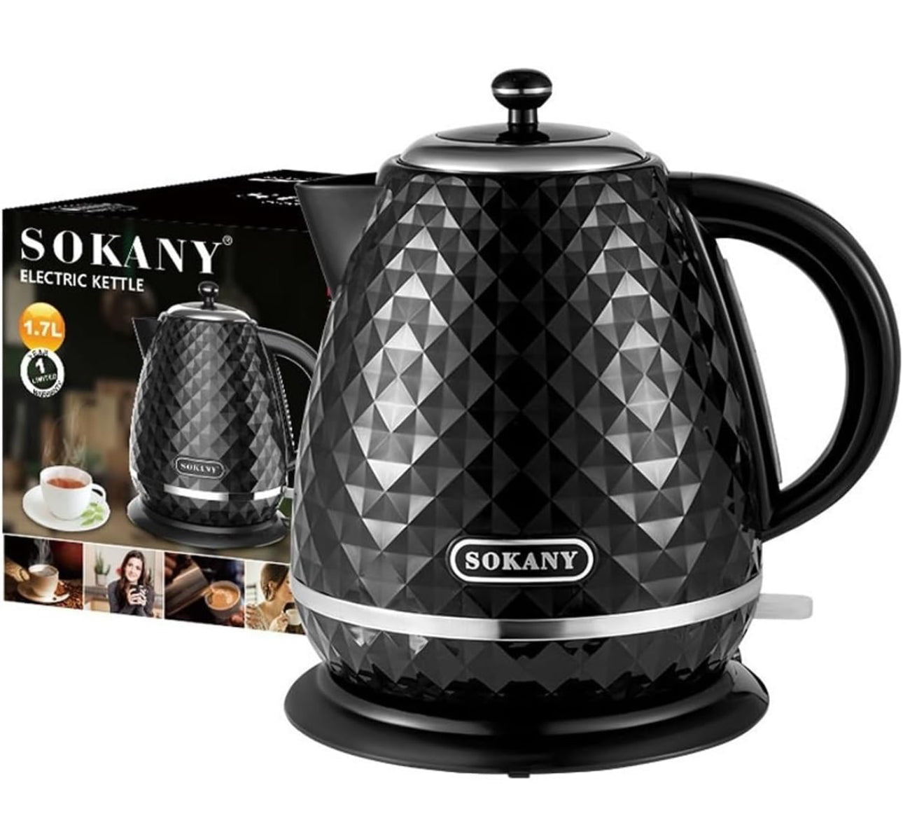 SOKANY SK-1032 Kettle, 2200 W, 1.7 L Teapot, Removable Limescale Filter, Automatic Shut-off, Water Level Indicator, 360°C Base, Black