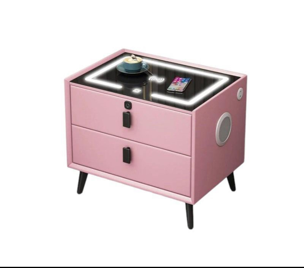 Smart LED Side Table with Wireless Charging, Bluetooth Speaker & Storage Drawers
