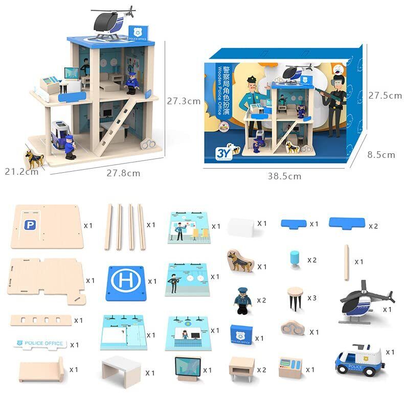 Kids Wooden Police Station Playset, RolePlay Dollhouse, 3-Level with Figures