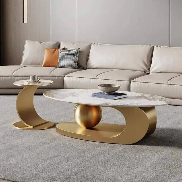 Coffee Table Oval Shape | Golden Tea Table Design for Luxury Look | Marble Top Centre Table for Living Room Decor with Side End Table 2pc