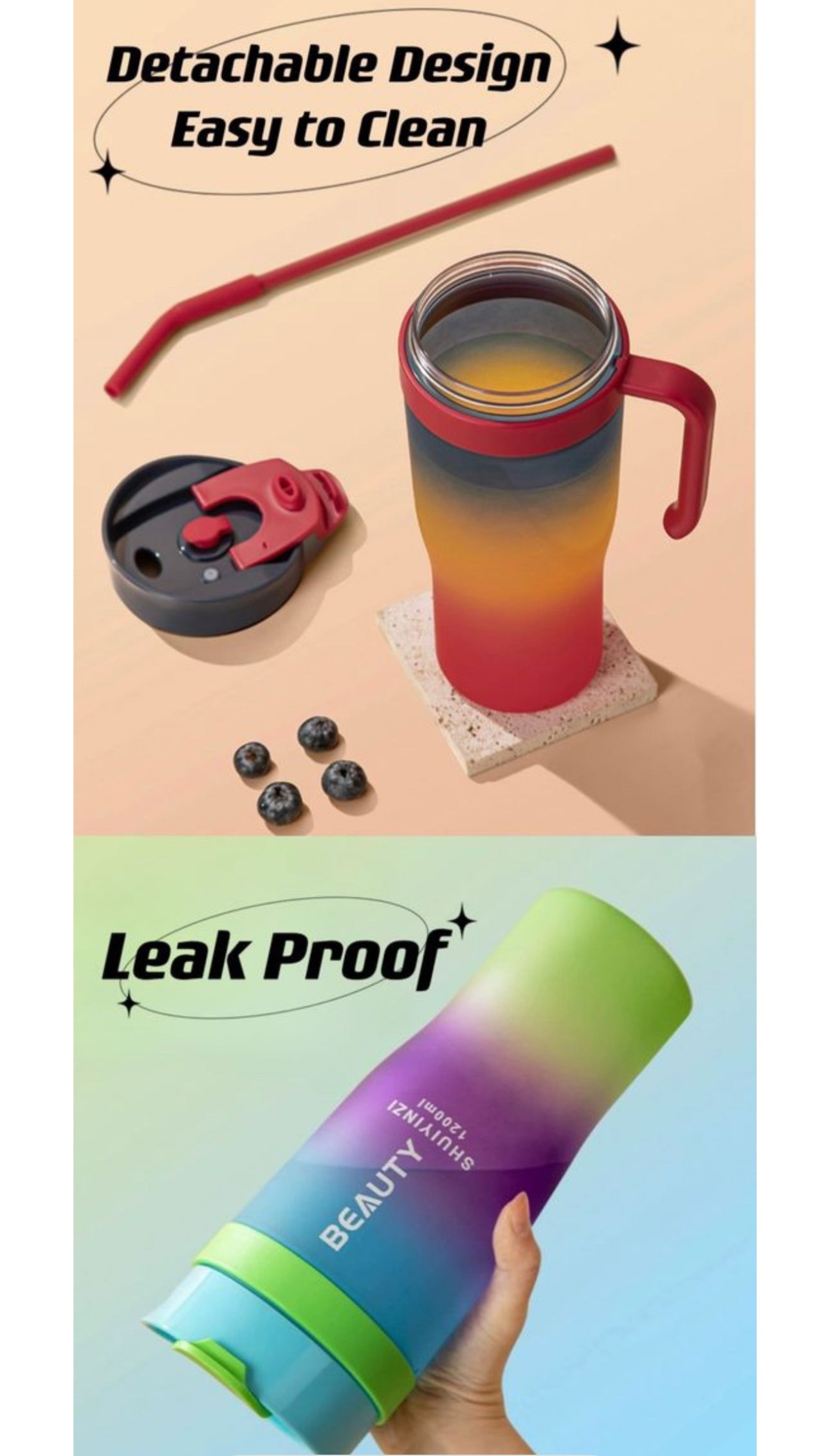 MHome 3-Piece Water Bottles with Handle & Straw in Dazzling Colours