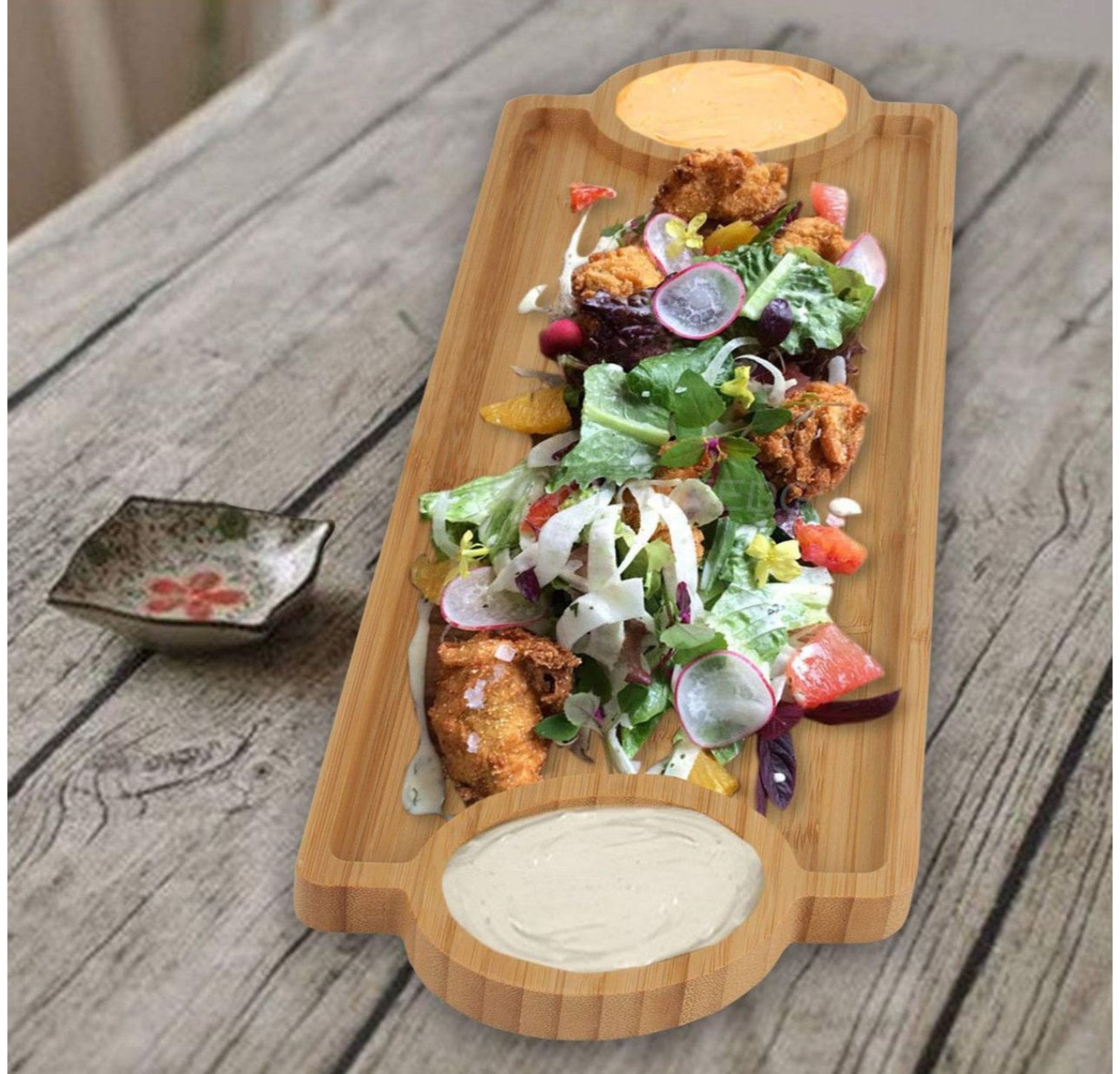 MHome Wooden Bamboo Appetizer Platter – 3-Compartment Serving Tray 39 cm