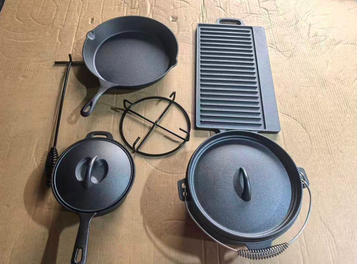 MHome 7 Piece Heavy Duty Cast Iron Dutch Oven Camping Cooking Set