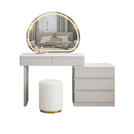 MFurn Modern Dressing Table Set with LED Mirror & Movable Bedside Cabinet
