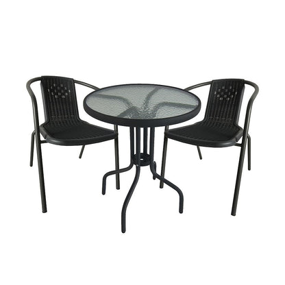 MFurn Bistro 3 Piece Outdoor Wicker Set With Glass Top Table - Various Colours