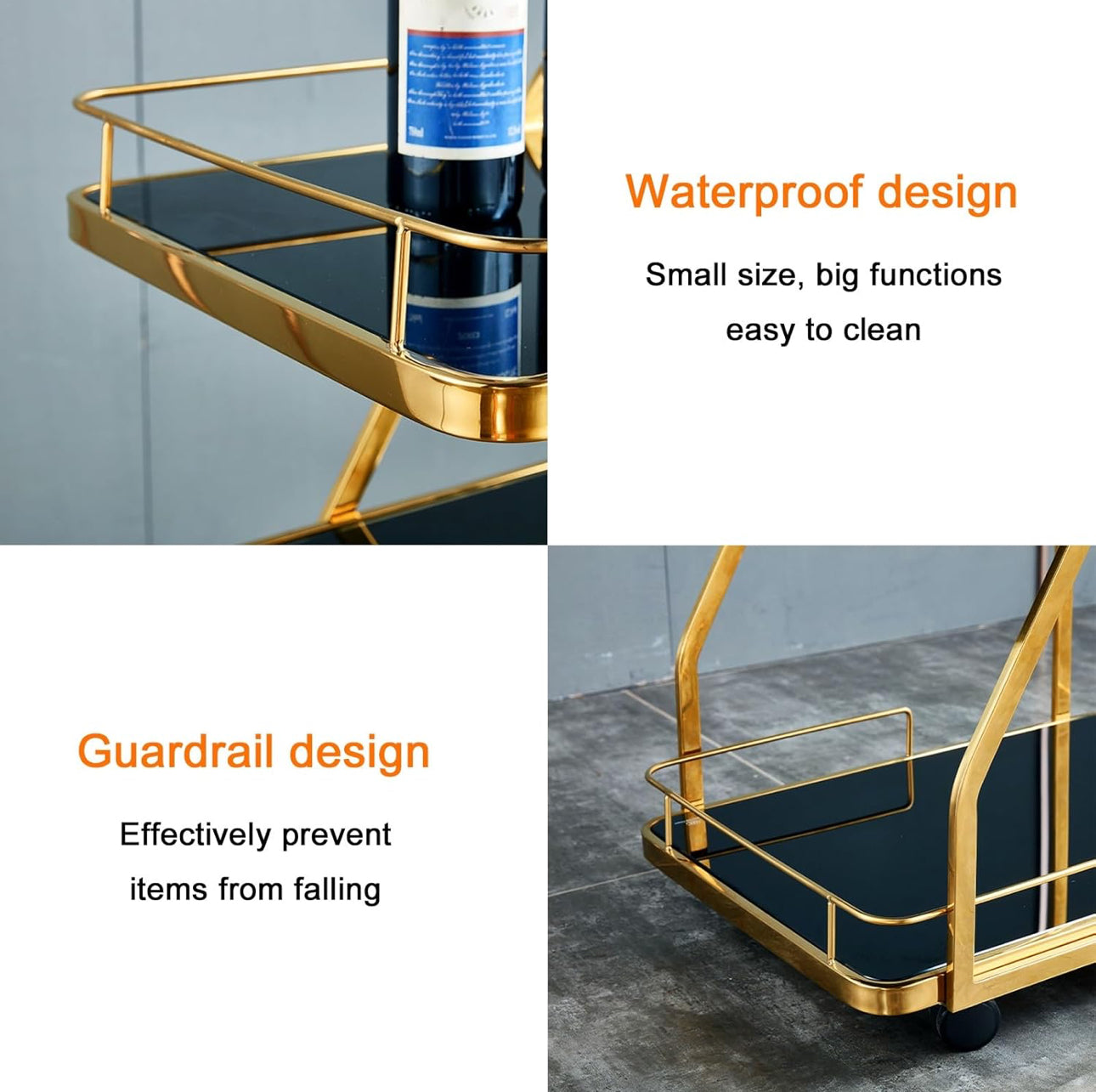 MFurn Gold Bar Carts with 3-Tier Storage Shelves, Home Bar Serving Carts.